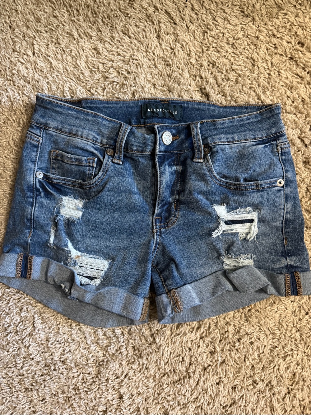 Aeropostale Ripped Rolled Hem Denim Shorts - Blue